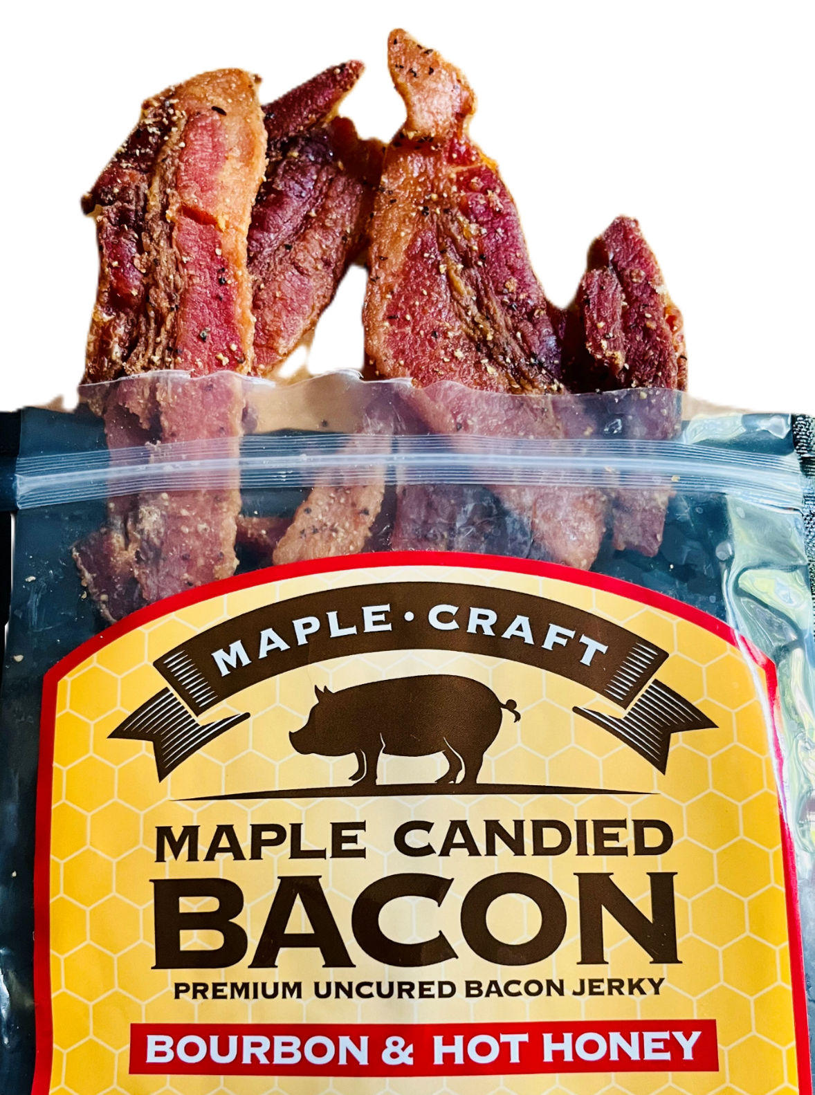 Maple Craft Foods NEW - Maple Candied Bacon Jerky, product cutout, no background, view 2