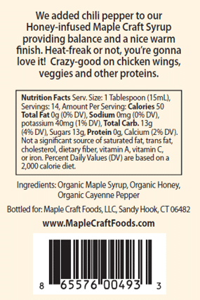 Maple Craft Foods Hot Honey Bourbon Barrel Aged Maple Craft Syrup, back label